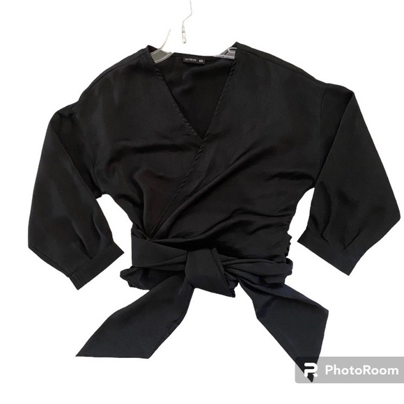 Cotton On Tops - Cotton On Black Surplice Wrap Around Tie Front 3/4 Sleeve Top Size M